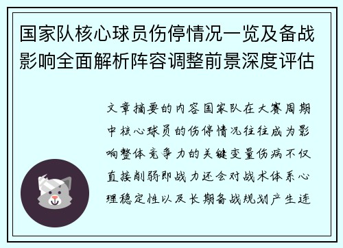 国家队核心球员伤停情况一览及备战影响全面解析阵容调整前景深度评估